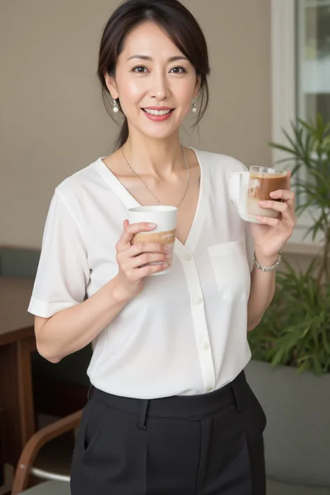 Full body photo of a graceful 60-year-old Japanese woman, Wrinkles on a gentle smile、 nasolabial fold、Middle-aged appearance ,  front view、standing in the living room、I'm rolling up a black miniskirt、Panties are visible、white shirt、(light beige lace patter...