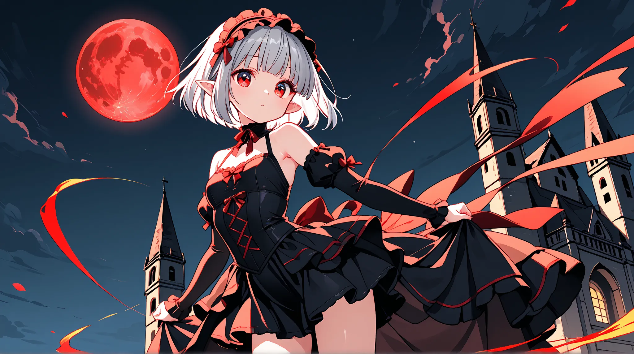 anime style、High Contrast、One Standing Devil Girl、Airy Bob Cut、Gray Hair、Big and Cute Eyes、(Odd-Eye: 1.2)、Right eye is yellow、Left eye is red、cute face、SMALLE BREASTS、 petite body 、pointed ears、Highly Exposing Sexy Gothic Lolita Dress、micro mini skirt、abso...