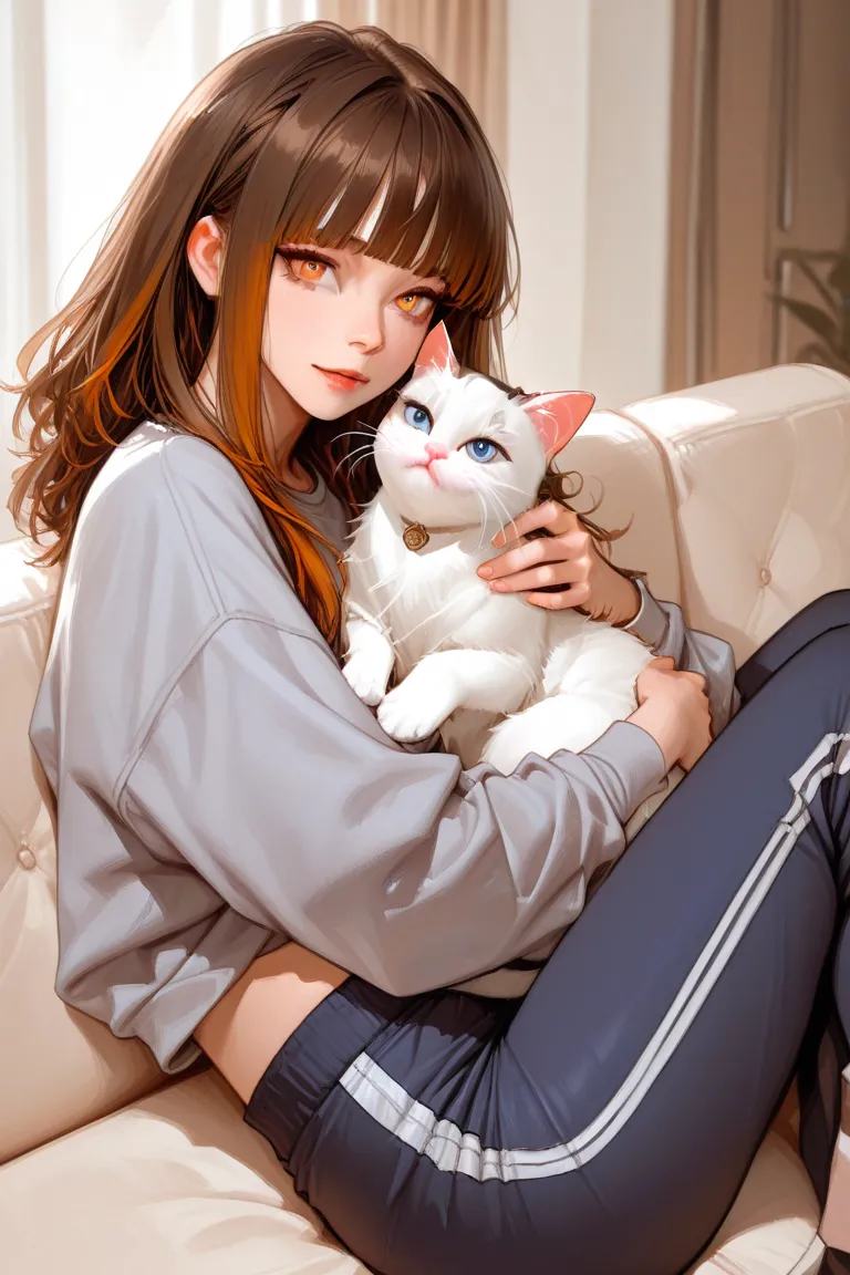 Girl with brown hair colour legenth short hair, her pull up hair and girl golden Amber eyes,long hair  bangs،she wear loose gray top and sport pants sit on sofa , hug a white kitty cat blue eye cat on her lap