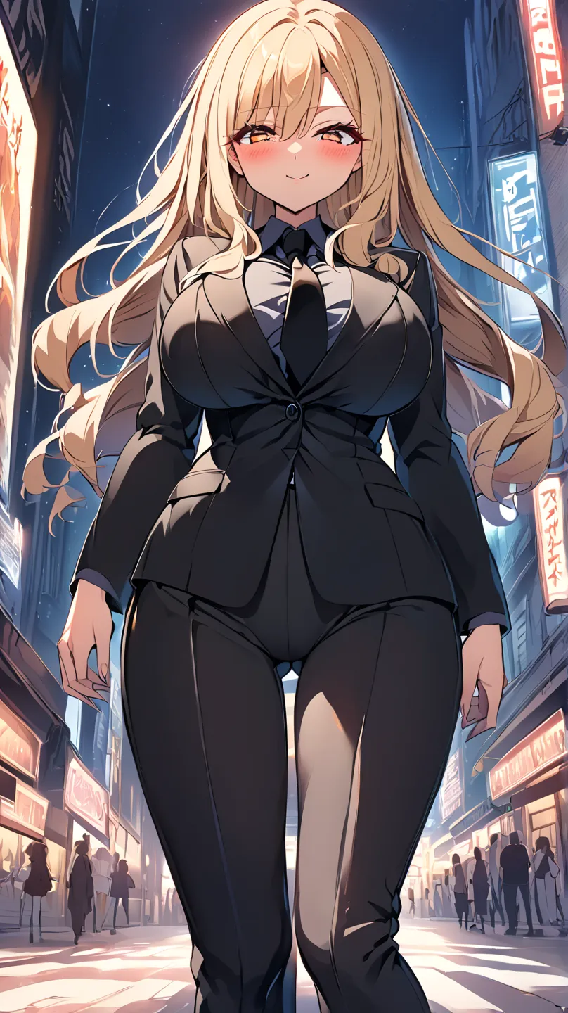 one girl、cute girl with no left leg、anime style on the face、Anime Face、anime style、beauties、 popup、big breasts、top and bottom black pantsuit、in a black jacket、black two-tuck slacks、black shirt、black tie、Blonde hair、straight hair、long hair