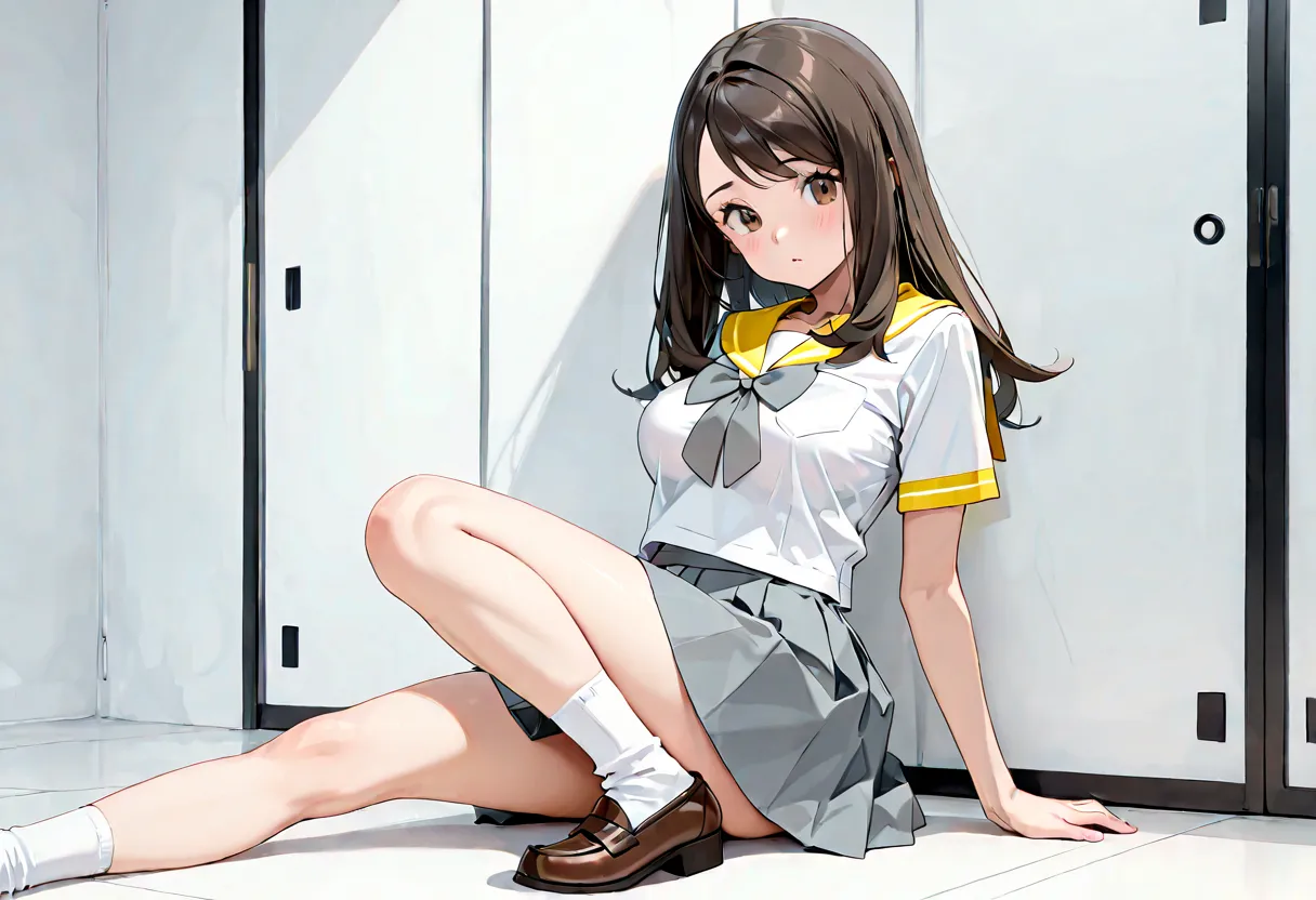 masterpiece, absurdres, amazing quality, best quality, 1girl, ((Pokemon)), long brunette hair, brown eyes, average breasts, slender, yellow sailor top with grey sailor top collar, grey bow tie, grey skirt, white socks, brown loafers, high quality, very aes...