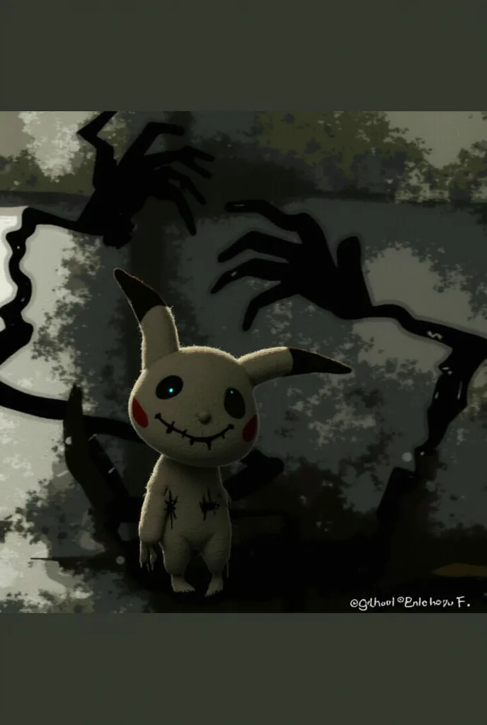 Creepy, unsettling version of Mimikyu, decrepit, decayed room, peeling wallpaper, broken floorboards, dim flickering light, eerie atmosphere, shadowy corners, unsettling presence, Mimikyu standing alone, tattered Pikachu disguise, ragged cloth, frayed edge...