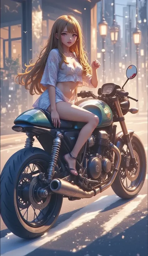 1girl, kawaii anime, ride on motorcycle,  Cafe Racer Tuned Motorcycle with a Japanese sword on her shoulder +  Japanese kimono 　、Sandals、  abs、  matte brown skin  、4K,depth of field, bright image, backlit, lens flare by sun, fede edge frame,sacred motifs, ...