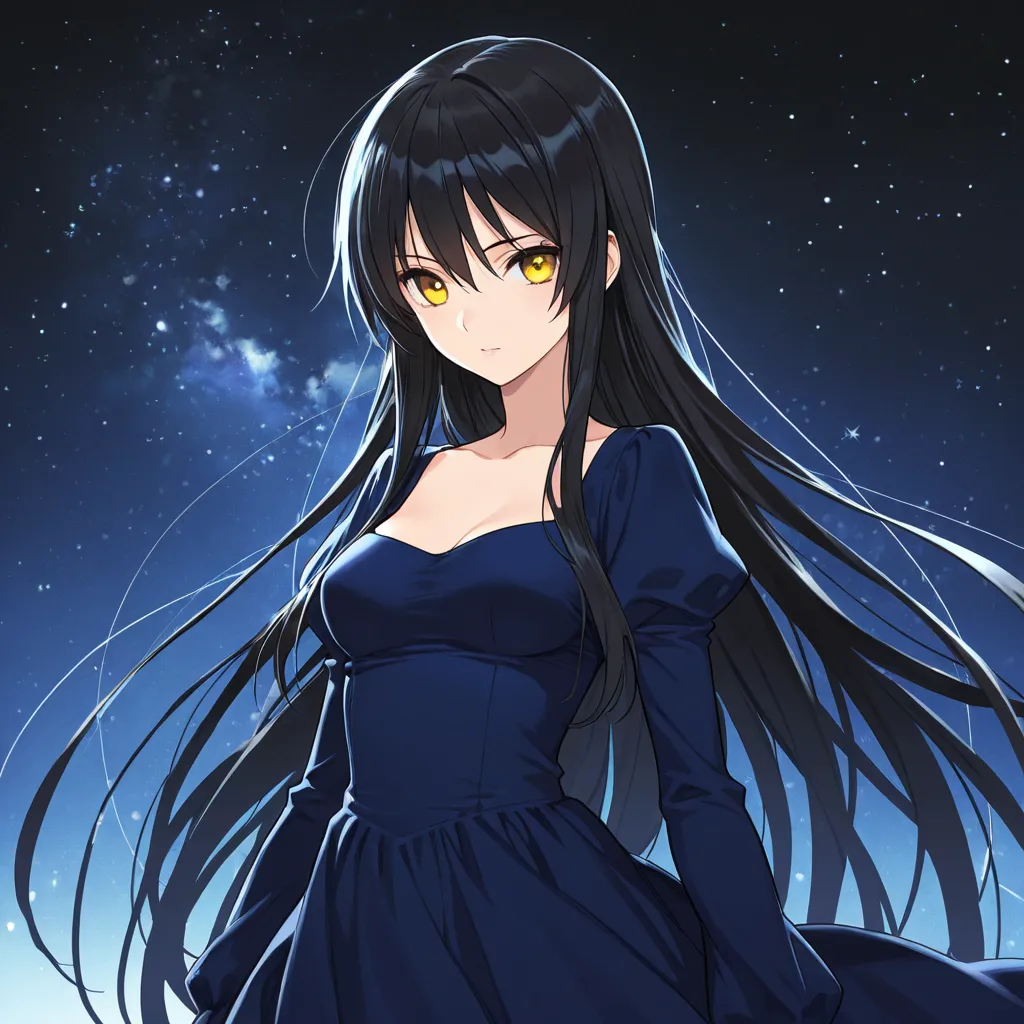 A beautiful anime , 20 years,Long black hair,Yellow eyes. medium breasts. Wear a long blue dress. 