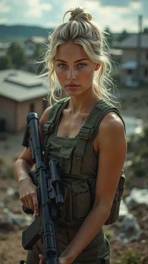 8k, realistic photo, A beautiful and determined soldier with an athletic, realistic skin texture, tied-back blonde hair, hyperrealism, Russian woman in the Russian army, military clothing, beauty, background view of military barracks and training ground, m...