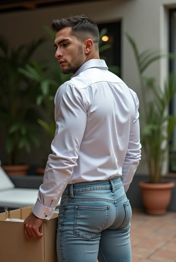 Fotografía realista, 35-year-old muscular (((atletic man))) , , View from below, nalgon de perfil, stripe white formal shirt and very tight pale blue levis jeans, brown belt, de perfil, Big butt, viendo a cámara, ojos negros, en el patio, hombre sexy, muy ...