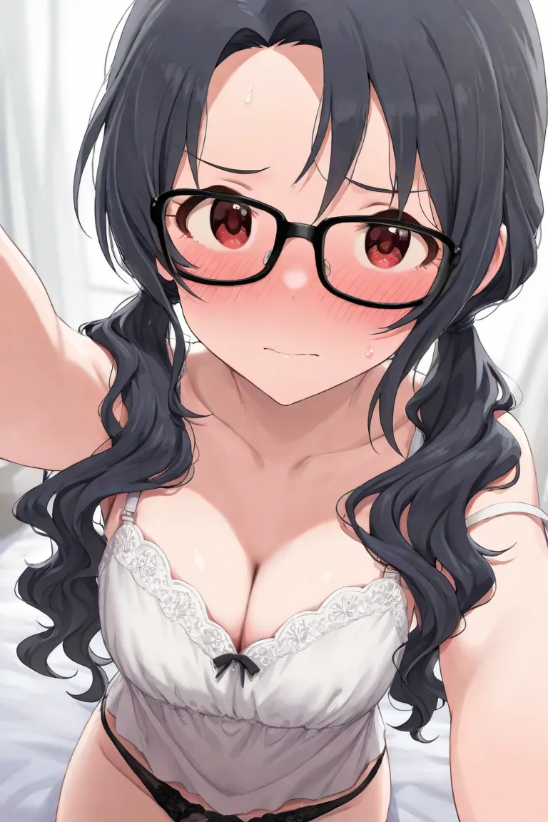  (8k, Top Quality, masterpiece, very detailed, super high resolution, ) The Idolmaster Million Live Takayama Sayoko (black hair, red eyes, low twin tails, long hair, wavy hair, black glasses,  girl with slight cleavage in her chest ) white underwear selfie...