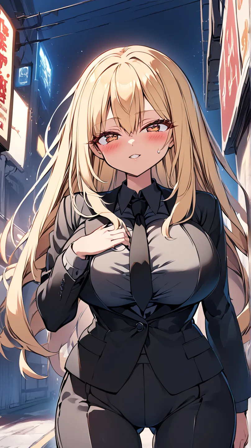 one girl、cute girl with no left leg、anime style on the face、Anime Face、anime style、beauties、 popup、big breasts、top and bottom black pantsuit、in a black jacket、black two-tuck slacks、black shirt、black tie、Blonde hair、straight hair、long hair