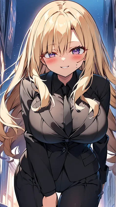 one girl、cute girl with no left leg、anime style on the face、Anime Face、anime style、beauties、 popup、big breasts、top and bottom black pantsuit、in a black jacket、black two-tuck slacks、black shirt、black tie、Blonde hair、straight hair、long hair