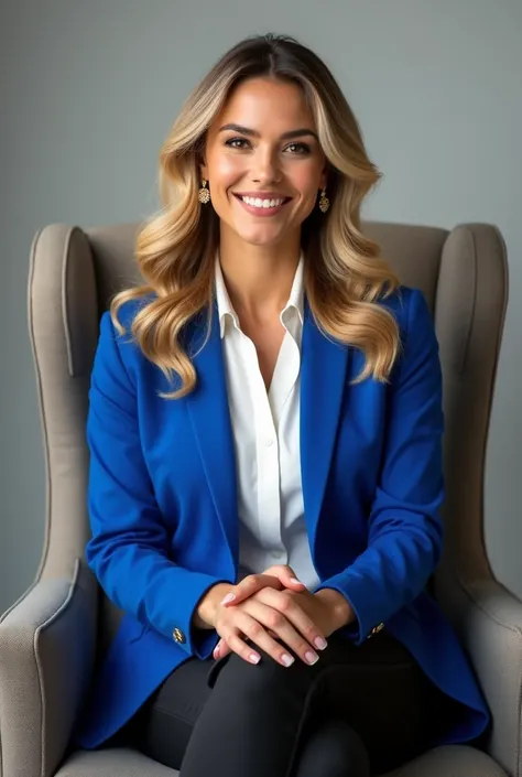  Generate a very realistic and natural photo of a 35-year-old Brazilian woman, She is sitting in an elegant professional studio chair smiling,  with blond hair, wavy and with long curls , She wears gold earrings   ,  light makeup  , wearing a blue blazer ,...