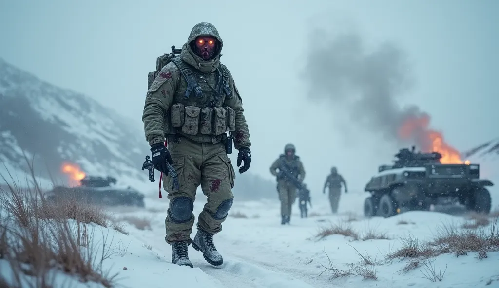 A ghost-like commando, battered and bloodied, stands amidst the aftermath of a fierce battle on a remote military base camp nestled in the heart of snow-covered mountains. His tactical gear is torn, revealing wounds that glisten in the cold, snowy air. His...