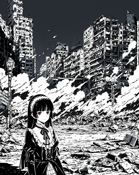 continuous line art, monochrome, Black and White, Alone, ruri gokou, hime cut, long hair, mole,  black hair, cut, red eyes, Gothic Lolita, dress, hair band 
 BREAK
post-apocalypse,  waste , street lamp, ruins, Sandstorm, Decaying Buildings , shadow, Feelin...