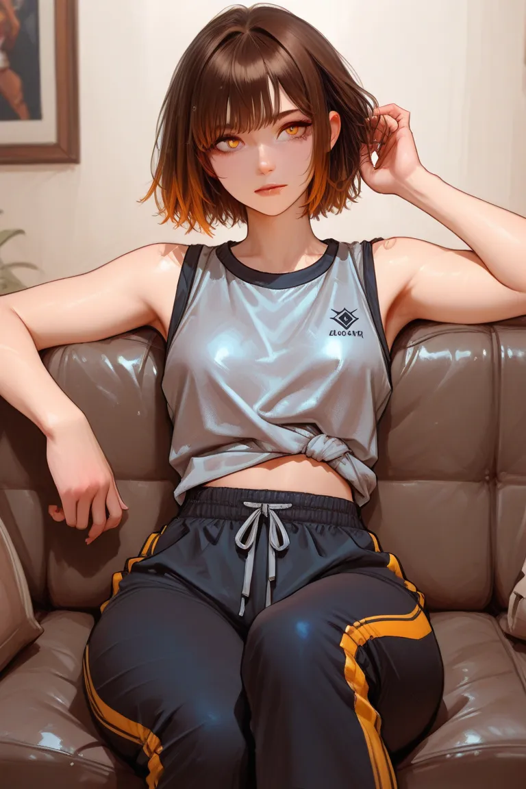 Girl with brown hair colour legenth short hair, her pull up hair and girl golden Amber eyes، pull up hair،she wear loose sleeveless gray top and sport pants sit on sofa , pull up her hair with her hand،tone body big arms