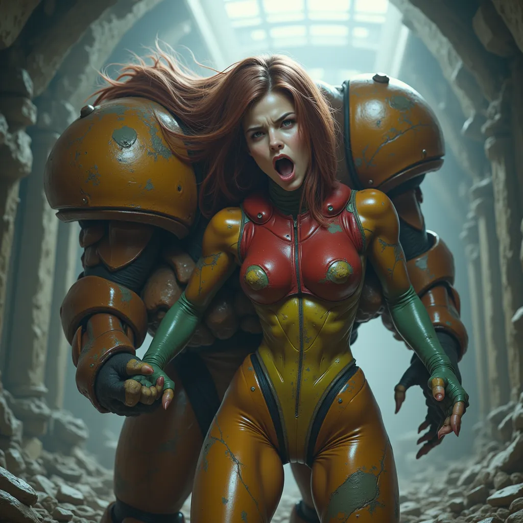 high resolution, masterpiece, photo realistic, surrealism Samus Aran video game character of Metroid, winning scene, wearing worn out, damaged, battle suit without helmet, exhausted and hopeless expression, hugged and lifted up by a huge creepy monster fro...