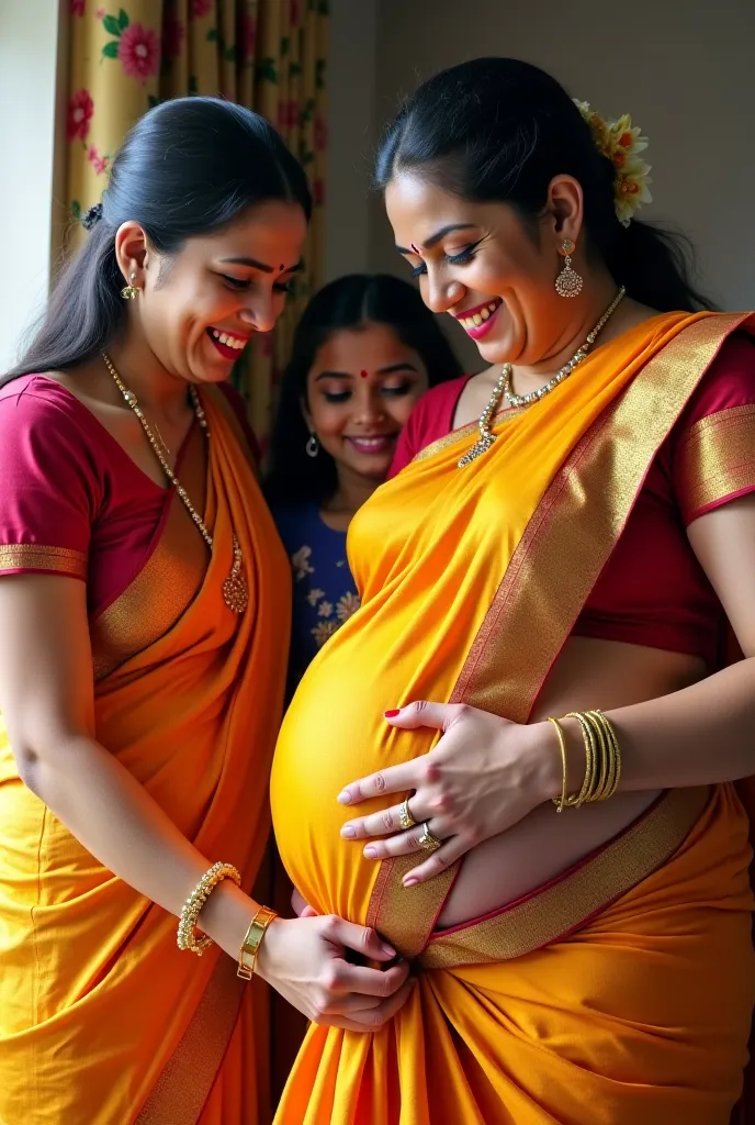 Realistic photo A 35-year-old Tamil traditional husband, a 30-year-old pregnant wife, and a  daughter are seen pulling the sari over their pregnant wife's belly, while the husband is on the left side, and the  daughter is on the left side of her pregnant m...