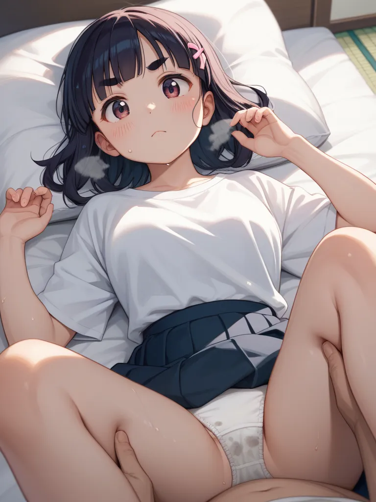 kawaii anime , petit girl , round eyebrows , round face , Single eyelid , bold pose , ochichi , breast , omochi , silky skin , komachi , Japanese beauty , erotica , lying back on the bed , knees up , close legs , hand on crotch over skirt , grab knees by s...