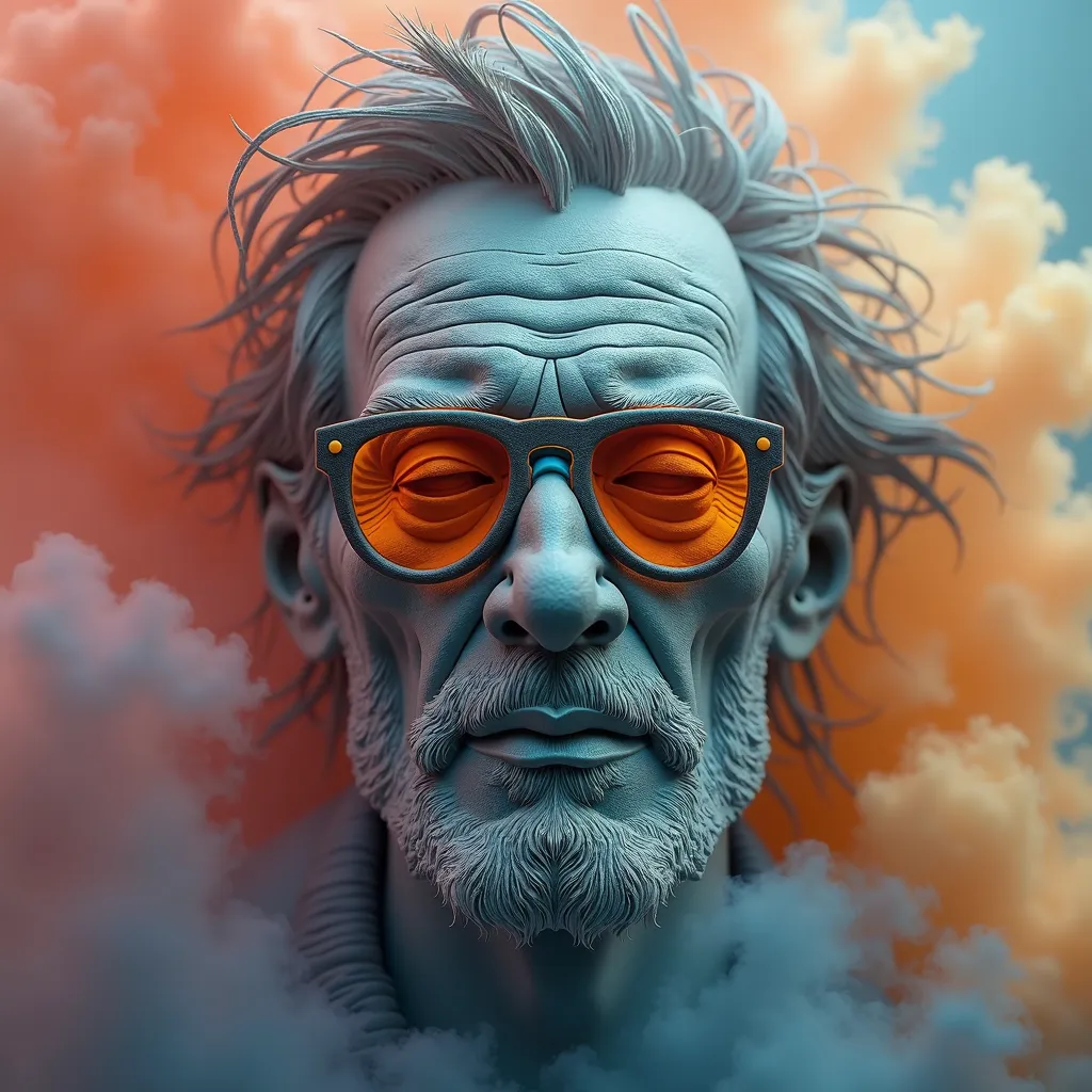 the face of a man in the shape of a gray statue with colored sunglasses catching the wind in his hair surrounded by colored smoke, white background