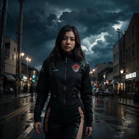 1 japanese girl, WARFRAME, intricate pattern, heavy metal, energy lines, faceless, glowing eyes, elegant, intense, blood red and black uniform, solo, modern, city, streets, dark clouds, thunderstorm, heavy rain,, dramatic lighting,, (masterpiece:1.2), best...