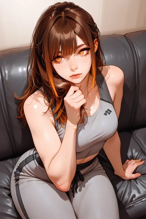 Girl with brown hair colour short push up hair, her pull up hair and girl golden Amber eyes، pull up hair،she wear loose sleeveless gray top and gray sport pants sit on sofa , pull up her hair with her hand up ،tone body big arms,resting on sofa