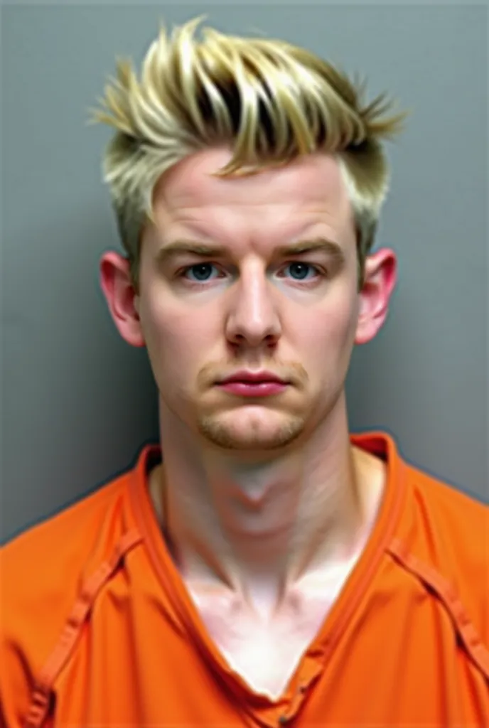 Create a Realistic criminal mugshot of Brendan Paul using this uploaded image. He is a young White male with Blonde hair with a tappered haircut on the sides and straight feathered cut on the top. He was who bribed into illegal sex and drug activity in Ame...