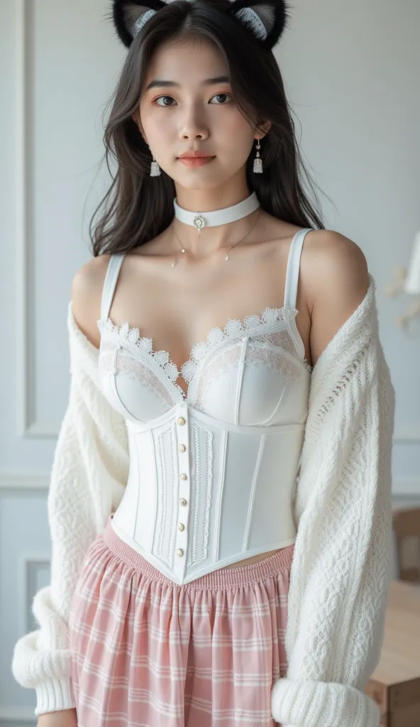 The young asian woman in the image is wearing a long-sleeved white knit sweater that is form-fitting and made of a soft, lightweight fabric. The sweater gives off a cozy feel but is lifted to reveal a delicate white lace lingerie top with an intricate lace...