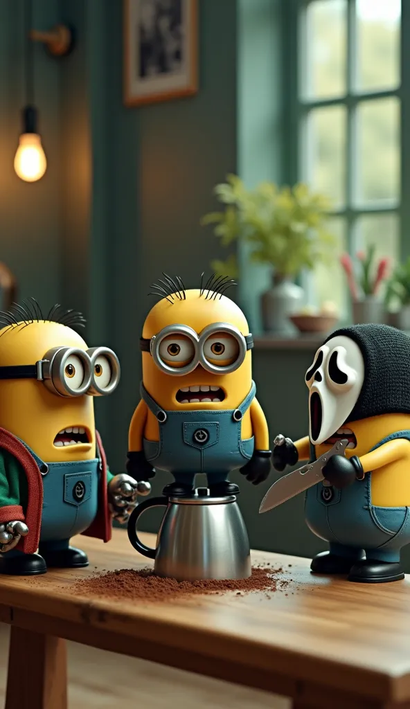 Uma cena em miniatura hiper-Realistic num  horror movie setting, with three little Minions playing in a kitchen, em cima de uma light wooden bench está um Dirty coffee.  the left , the first Minion is wearing shabby jeans, red and green striped coat, with ...