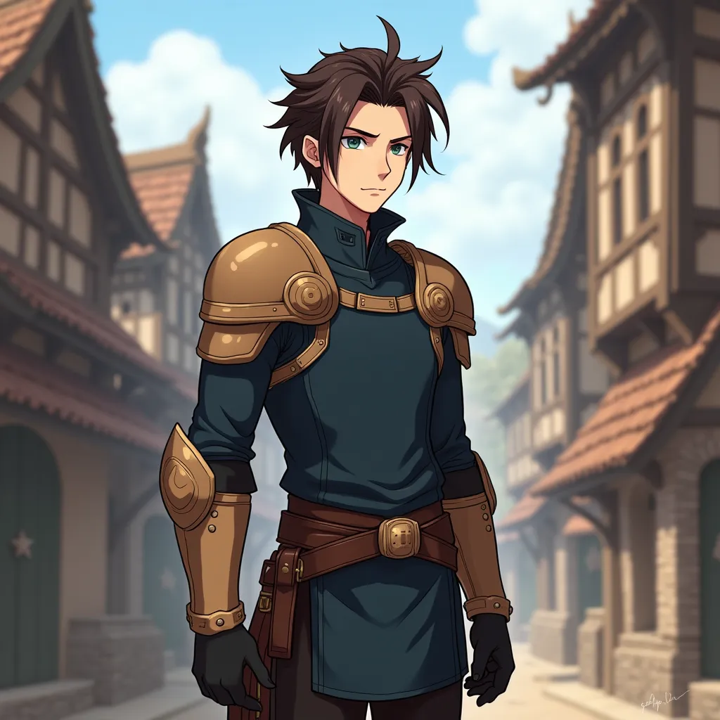 Male. Youthful. Slicked back brunette hair. Light brown armor over a dark blue tunic with long sleeves. Light brown shoulder armor. Light brown gloves. Dark brown belt, pants and long boots. Somber. Fantasy art. Final Fantasy. Comic style. Undertale. In th...