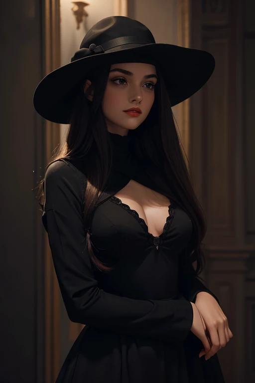 A beautiful and emotional girl, wearing a red hat,  Wide brimmed . in a tight black dress. full-length.The girl's charming face has intricate black accents around her eyes, a gentle tear under one eye and slender,  expressive eyebrows . Her lush red lips c...