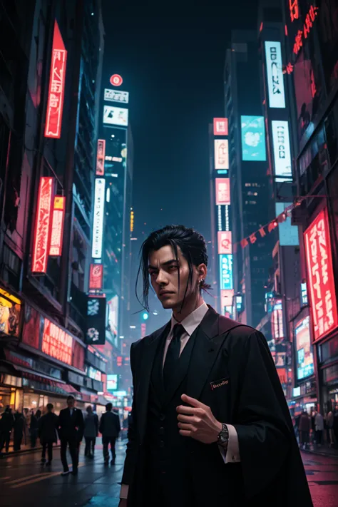 Cyberpunk,  city, white robe ,  business suit, cyberpunk elements, closed face, interfered face, 2 glowing eyes 