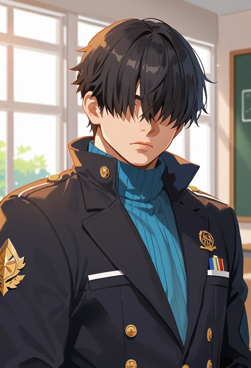 masterpiece, best quality, amazing quality,high resolution, intricate details,official style,depth of field,anime srceencap, , , 1boy, solo, male focus, nezu chuukichi,black hair,short hair,hair over eyes,blue jacket, school uniform,upper body,high collar,...