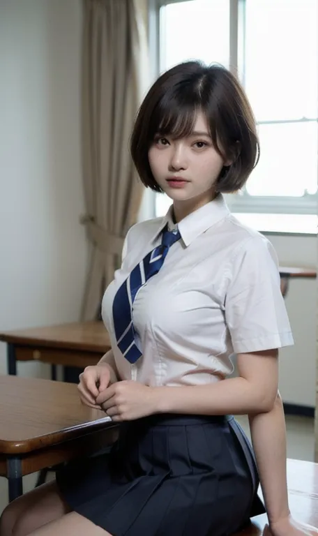  , short hair, blue blazer、 school uniform、white shirt、red tie、1 girl、a beauty girl、 high school student、Brown hair、Shortcut、Covering the left eye with a bang、laughs、 (brown eyes), Beautiful Faces with Attention to Details , (short hair ), 高校のclassroom, (s...