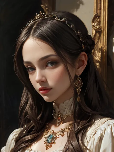 Renaissance woman, short neck,   dark hair,  beautiful eyes stand cancer, beautiful lips with beautiful details, has extremely detailed eyes and face, long lashes, super detailed, color contrast, High resolution, bright, colorful, dramatic lighting, } attr...