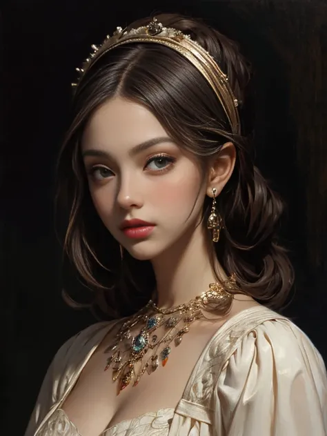 Renaissance woman, short neck,   dark hair,  beautiful eyes stand cancer, beautiful lips with beautiful details, has extremely detailed eyes and face, long lashes, super detailed, color contrast, High resolution, bright, colorful, dramatic lighting, } attr...