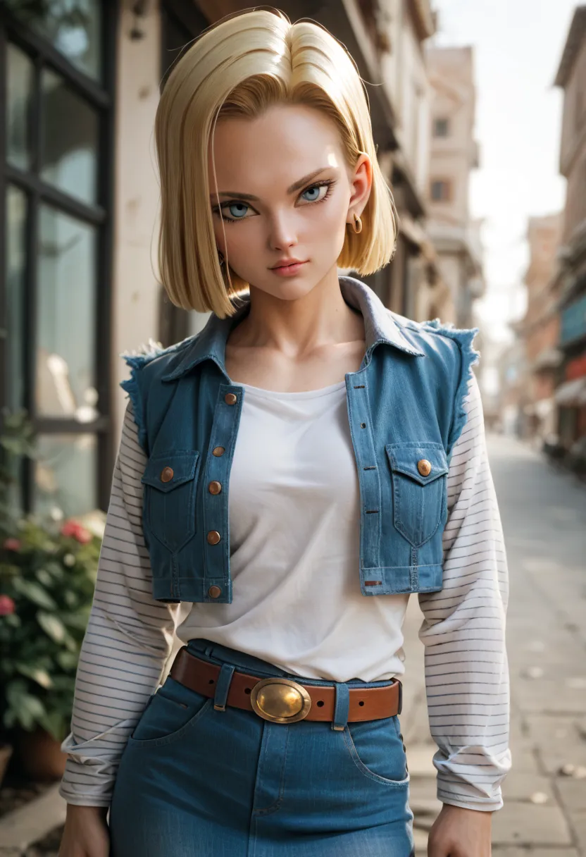 zzAndroid18, blue eyes, blonde hair, short hair, jacket, denim, denim jacket, jewelry, earrings, long sleeves, shirt, skirt, belt, stripes,