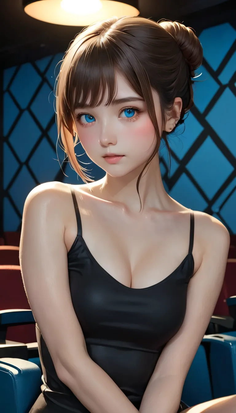 A skin-tight black top:1.2, View Audience, Cinema Lighting, perfection, Soft Light, High Resolution Skins:1.2, Realistic skin texture, s、Small face、No makeup、, Off the shoulder,Bust B cup、Small cleavage, blue eyes, Hair Bun, Dark brown hair、Bold Pose、Geome...