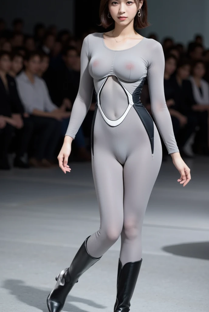  greyのスーツを着た美しい日本人の女の子,  wearing a tight suit , 未来的な greyのスーツを着た美しい日本人の女性, 滑らかな greyタイトな服のスーツ,  greyレオタードを着て, White stitching、 Star Wars Imperial Agent ,  female stormtrooper ,  full body shot , full body,   perfect suit ,  grey、Black pattern、 waist design...