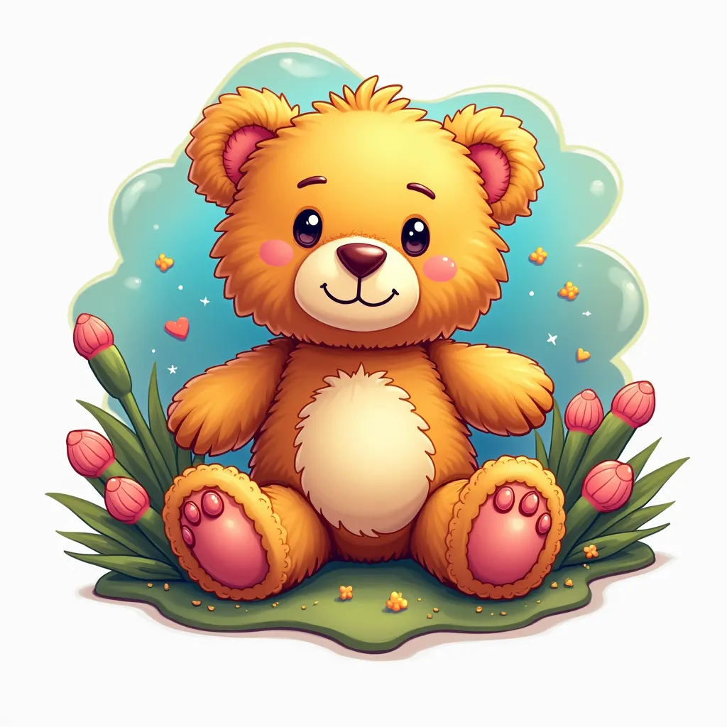 Logo for a place that sells stuffed animals by the name "Eleven stuffed animals" with an image of a teddy bear, with a vibrant color combination 