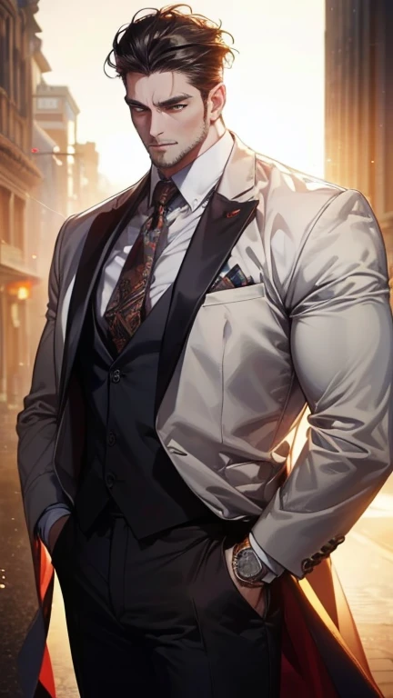 (  best quality,4K,8k,   highres,  masterpiece :1.2),  white dress shirt  ,(Realistic,photoRealistic,photo-Realistic:1.37),36-year-old man,3 day beard,Beautiful anime,Portraits,strong,masculine,      with dark hair  ,sharp jaw,       mesmerizing green eyes...