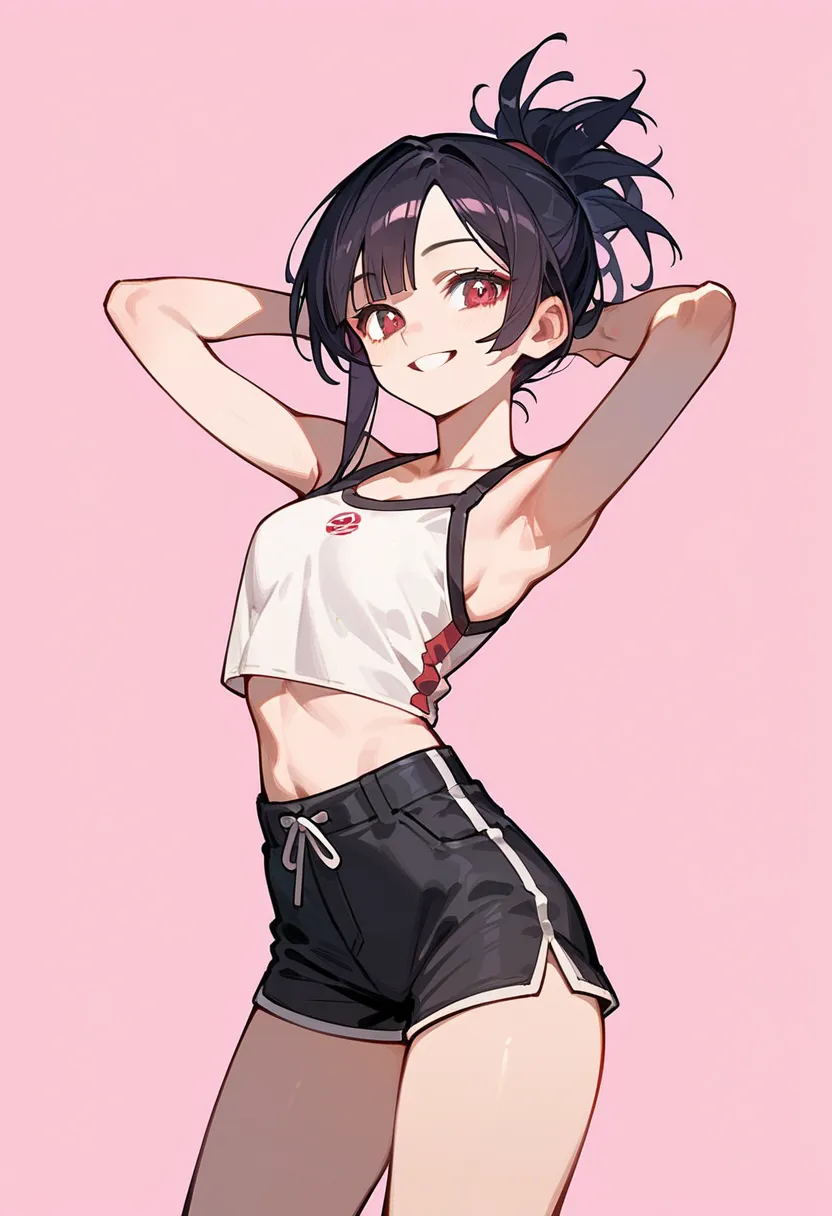 score_8_up, score_7_up, score_6_up, source_anime, 1girl, solo, simple background, pink background,
standing, pose, contrapposto, arched back, cowboy shot, facing viewer
smile
sarashi, chest sarashi black shorts