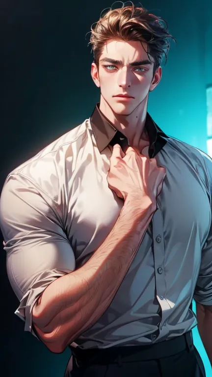 (  best quality,4K,8k,   highres,  masterpiece :1.2),  white dress shirt  ,(Realistic,photoRealistic,photo-Realistic:1.37),36-year-old man,3 day beard,Beautiful anime,Portraits,strong,masculine,      with dark hair  ,sharp jaw,       mesmerizing green eyes...