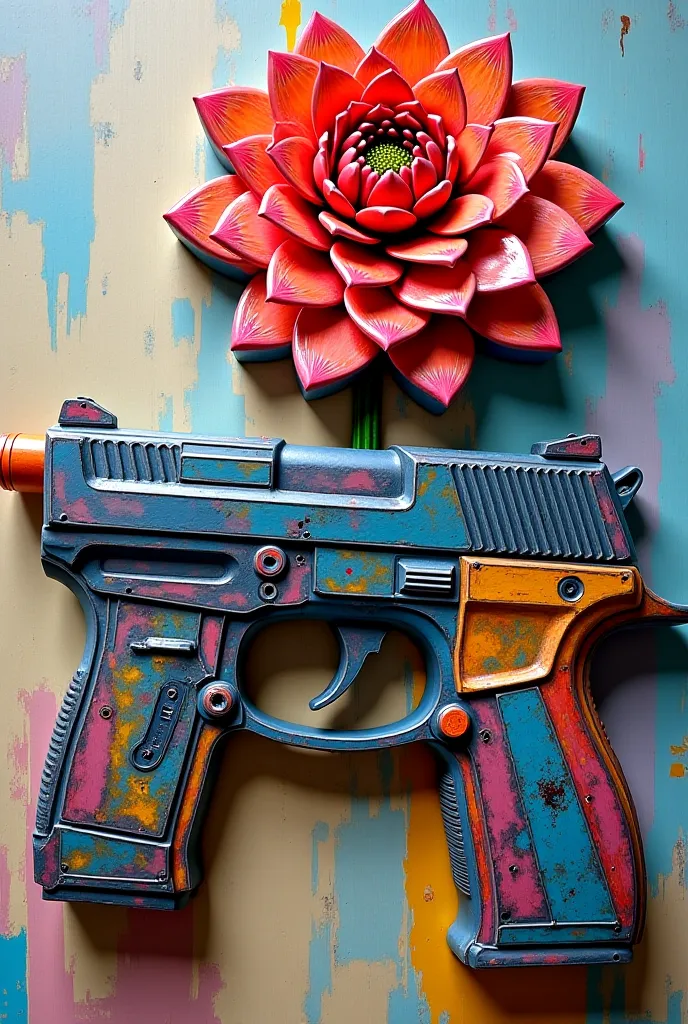 (A beautiful classic gun with a flower coming out of the gun;  urban style  ), (happy), Eduardo Kobra stuffed, MULTIDIMENSIONAL GEOMETRIC WALL PORTRAIT, until, Chibi, yang08k,  beautiful, colorful,  masterpieces ,  top quality, best quality, until oficial,...