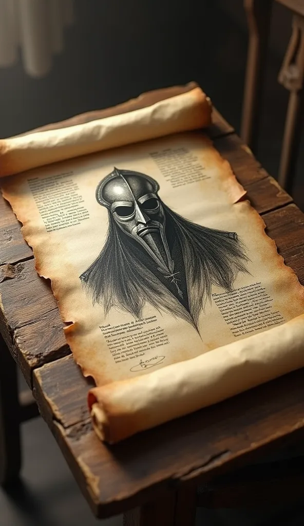 An ancient scroll on a wooden table, with a drawing of a man in an iron mask and secret notes about his possible identity.