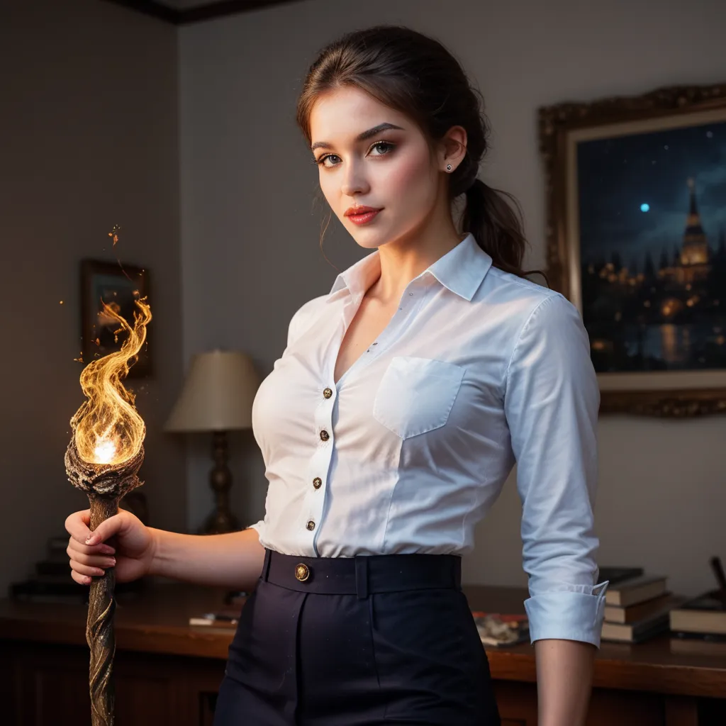 8k photo realistic full body image of an extremely almost unimaginably and irresistibly gorgeous 31 year old balkin  female enchanted sorceress, with photorealistic skin, piercing eyes, flowing hai black hair worn in a ponytail, tight miniskirt with button...