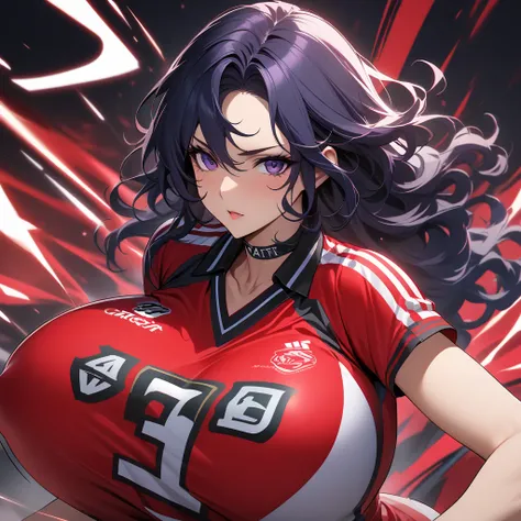 Woman, 1 person, gigantic breast, dark blue hair, short wavy hair, purple eyes A volleyball jersey in vibrant red with sleek black stripes. The jersey has a modern athletic design, made of breathable fabric, with a dynamic and stylish look. It features a V...