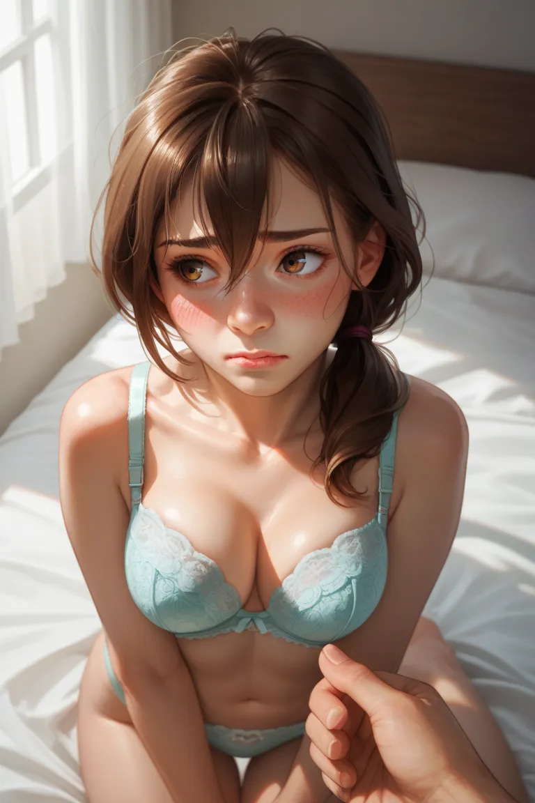 perfect lighting, very aesthetic, intricate details, highly detailed background, oBra-prima, High quality, perfect hands, best quality, Alone,  brown hair, brown eyes, low ponytail, hair over the shoulder, hair between the eyes, Bra, panties, in bed, From ...