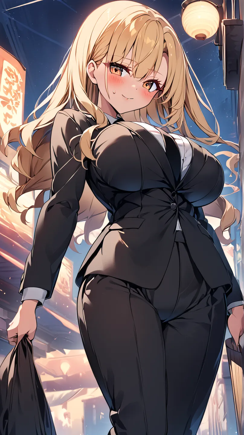 one girl、cute girl with no left leg、anime style on the face、Anime Face、anime style、beauties、 popup、big breasts、top and bottom black pantsuit、in a black jacket、black two-tuck slacks、black shirt、black tie、Blonde hair、straight hair、long hair