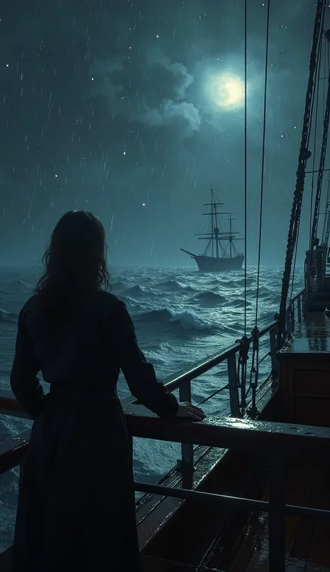 Realistic POV shot in 9:16 capturing a quiet, reflective moment on deck at night. Your hand rests on the ship’s railing as you gaze up at a star-studded sky, with the full moon casting a pale, eerie glow over the restless sea. The deck is slick with rain, ...