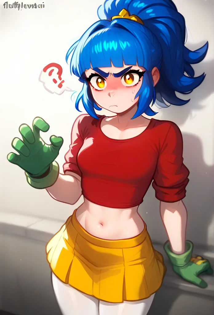 core_9, score_8_up, score_7_up, BREAK ,prjanet ,1girl, blue hair, high ponytail,red shirt, , yellow skirt ,bangs, white leggings, green gloves, looking at viewer,  navel , fluffylewdsai  ,confused ,