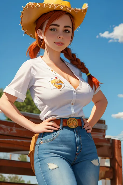 (Riley Reid), Jessie the cowgirl from toy story.  Redhead, cowgirl clothes.  Open-necked white shirt with yellow decorations, which shows off her enormous breasts.  Blue jeans with cow spots, boots.  Orange hair with braid. ((red cowboy hat)).  big breasts...