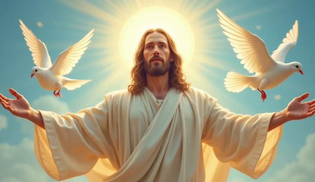 Jesus with open arms, welcoming people into His light, as doves fly in the sky above